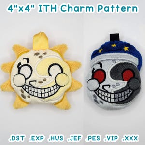 Puede incluir: Dos amuletos de peluche de 4x4 pulgadas, un sol amarillo con una cara blanca y una sonrisa negra, y una luna gris y blanca con un sombrero azul y ojos rojos. Los amuletos son para un proyecto de bordado en el aro.