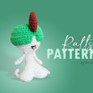May include: Crochet pattern for a green and white Ralts Pokemon amigurumi. The pattern is in English and includes instructions for making the character.