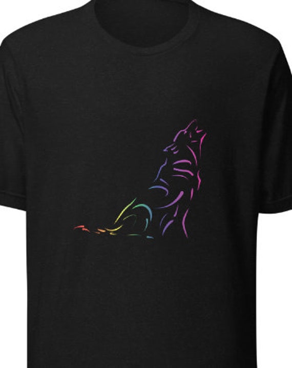 Howling Wolf T-Shirt – Rainbow Line Art Wolf Shirt – Spiritual Animal Graphic Tee for Nature Lovers
