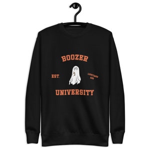 Boozer University Sweatshirt – Funny Halloween Party Shirt – Ghost Drinking Crewneck for College & Bar Crawls