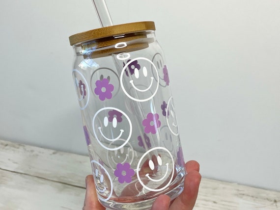 16 Oz Smiley Face Glass Cup With Bamboo Lid and Straw, Aesthetic Coffee Cup,  Favorite Coffee Cup, Coffee Glass Cup 