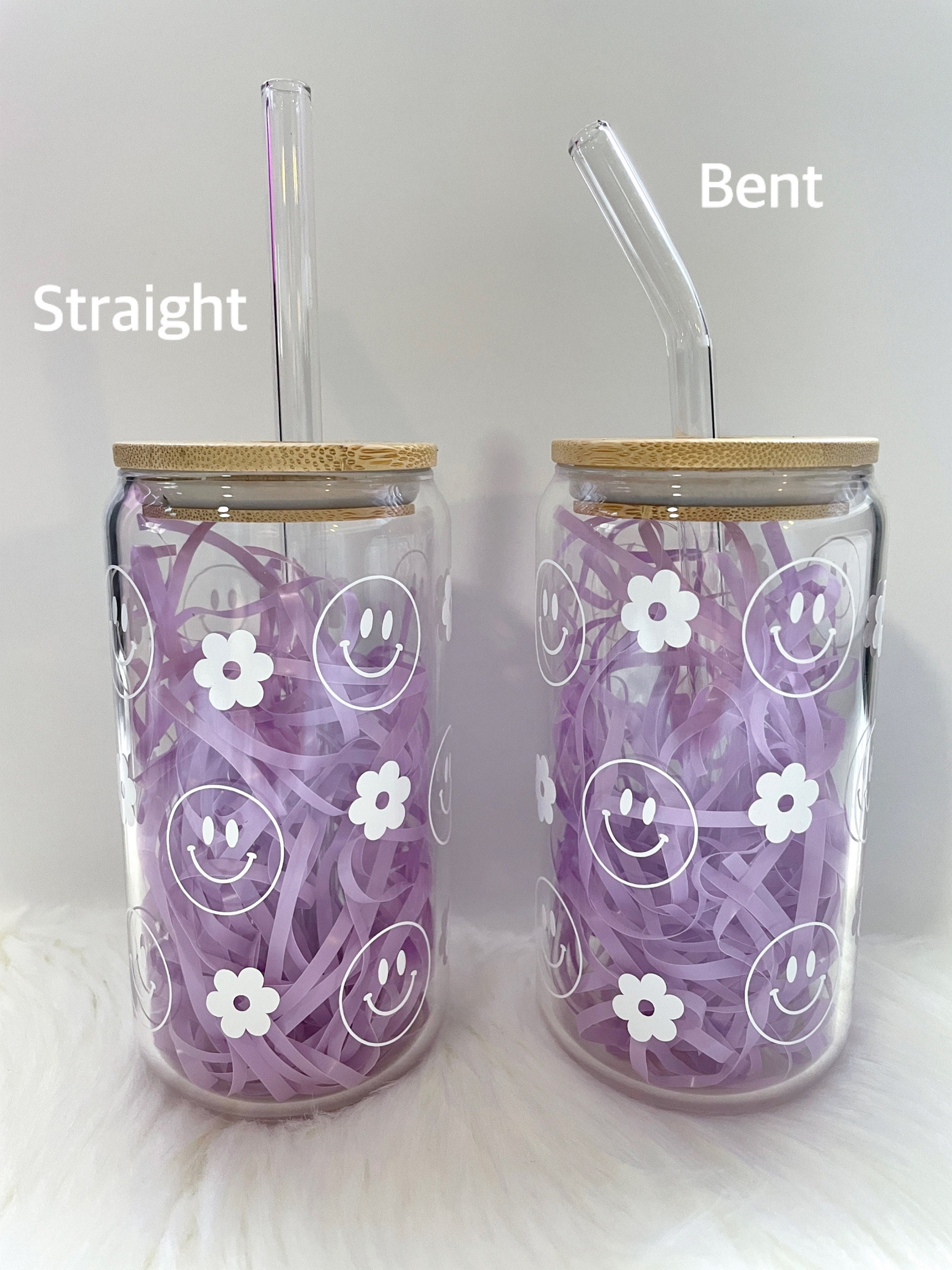 Purple Retro Flower Smiley Face Glass Can Cup With Bamboo