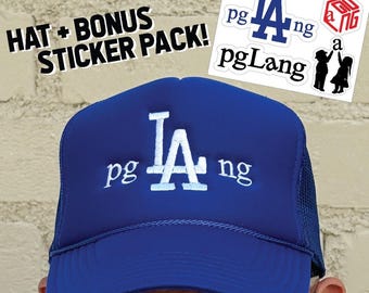pgLAng Embroidered Logo Mesh Trucker Hat + Bonus Sticker Pack // Kendrick Lamar Style GNX LA Dodgers