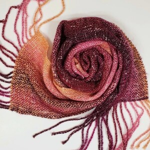 Handwoven Scarf, Fuchsia Peach Ombre, Fringed Woven Scarf, Lightweight Accessory, Gift for Her