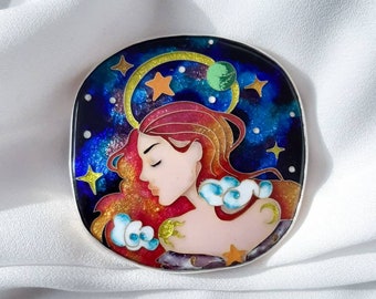 Dreamer girl, cloisonne enamel jewelry, silver brooch-pendant