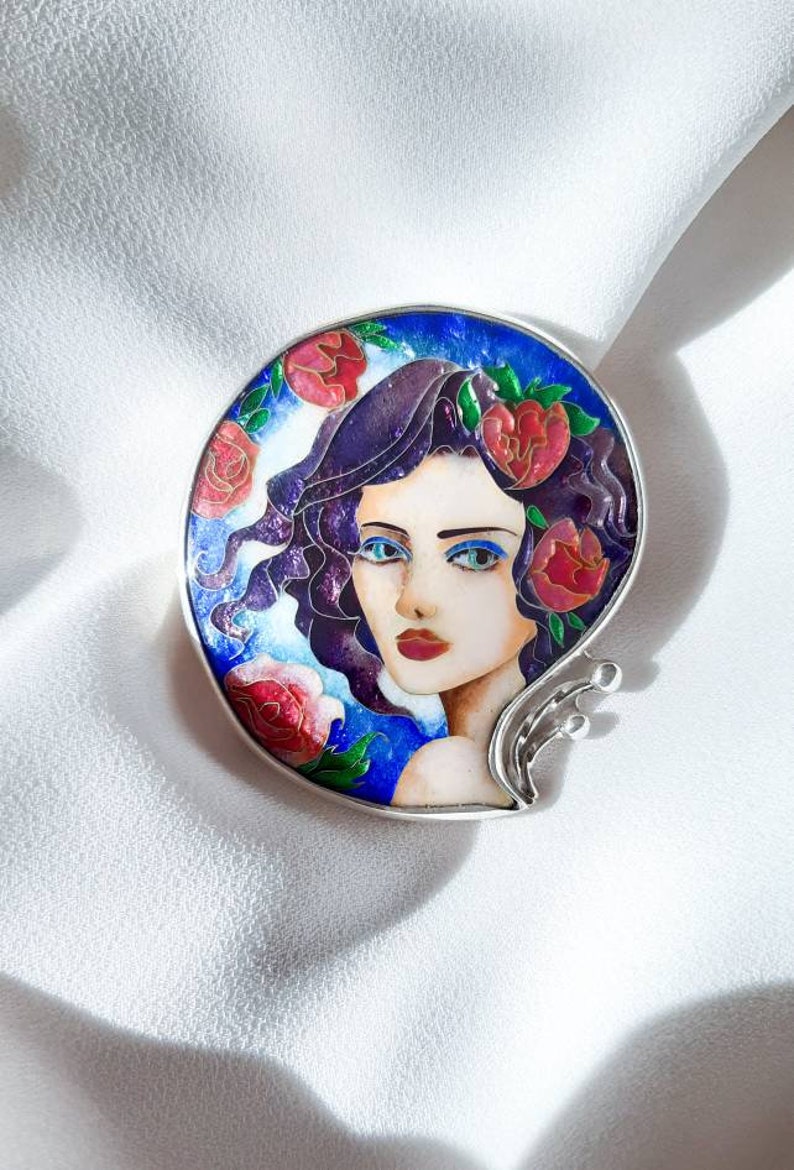 Girl With Flowers Cloisonne Enamel Silver Jewelry Etsy