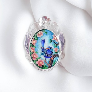 Blue bird in flowers, Georgian cloisonne enamel in silver