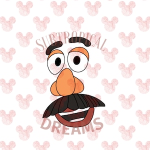 May include: A cartoon illustration of Mr. Potato Head with a brown mustache and a wide smile. The background is a pattern of pink Mickey Mouse heads.