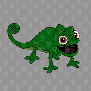May include: A green cartoon chameleon with large, round, orange eyes and a wide, toothy smile. The chameleon has a long, curled tail and is walking on all fours.