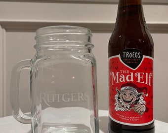 Rutgers University Logo Etched Glass Mug, Mason Jar, Water Glass, Beer Glass