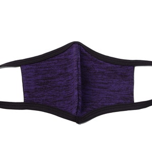 May include: A purple face mask with a black trim. The mask is made of a soft, breathable fabric and has a comfortable fit.