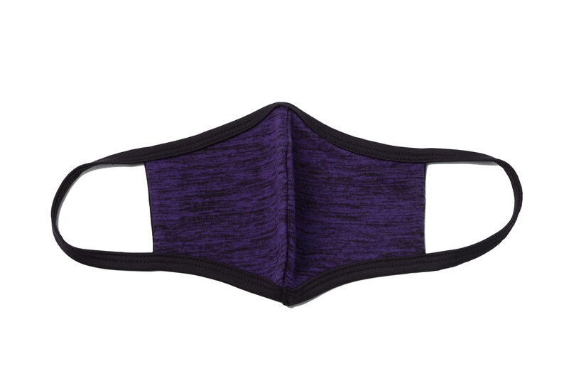 May include: A purple face mask with a black trim. The mask is made of a soft, breathable fabric and has a comfortable fit.
