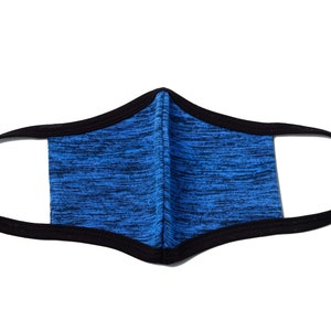 May include: A blue and black face mask with a black elastic band. The mask is made of a soft, breathable fabric.
