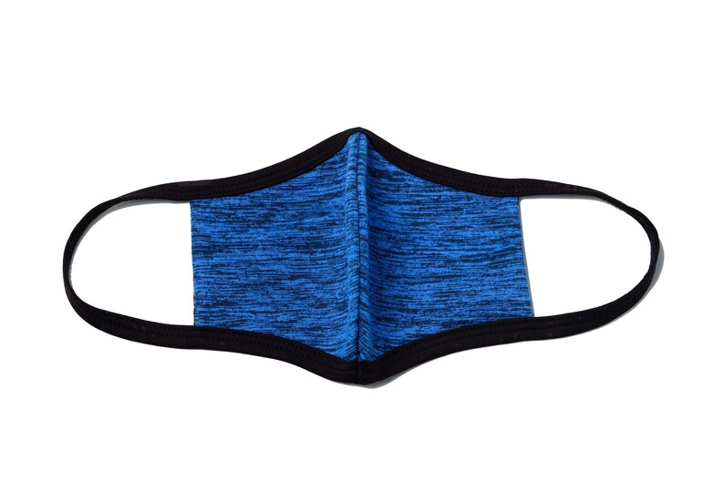 May include: A blue and black face mask with a black elastic band. The mask is made of a soft, breathable fabric.