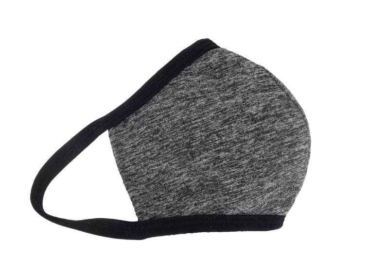 May include: A gray and black face mask with a black elastic band. The mask is made of a soft, breathable fabric.