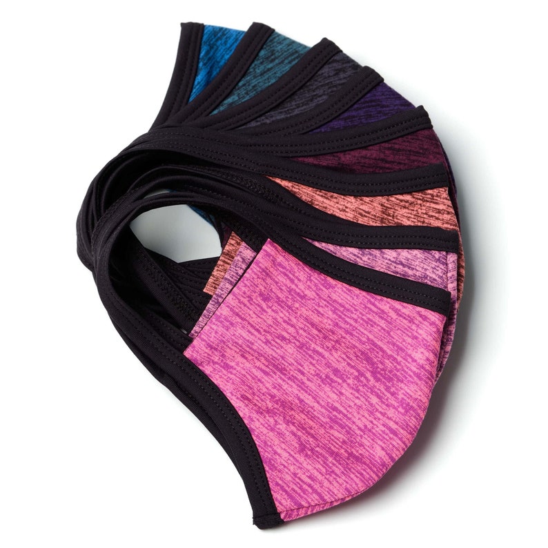 May include: A set of ten face masks in various colors, including pink, black, blue, and purple. The masks are made of a soft, breathable fabric and have a black elastic band.