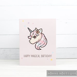 Biglietto d'auguri/nota per auguri di buon compleanno magico con unicorno - Interno vuoto in cartoncino spesso lucido