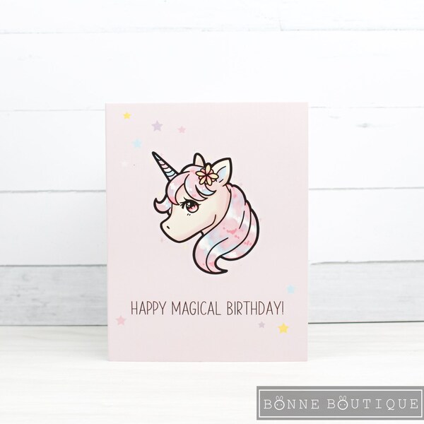UNICORN Happy Magical Birthday Greeting/Note Card - Blank Inside Glossy Thick Cardstock