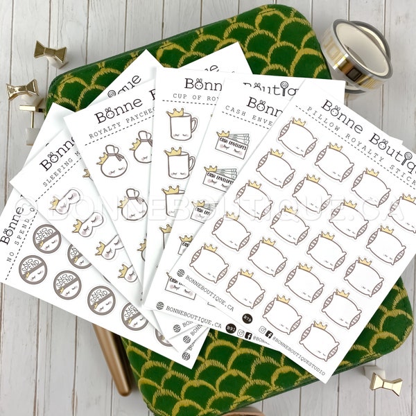ROYALTY 6 STICKER KIT Sleeping Mask Royalty Pillow Cup Cash Envelope Bag of Money (Paycheck) No Spend Planner Sticker Kawaii Lindo