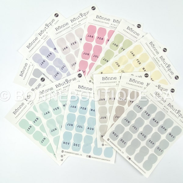 Translucent MINI Monthly Tabs in 12 Colors  Bonne Maison Collection Clear Matte - Perforated for Easy Application Planner Journal  B182-CM