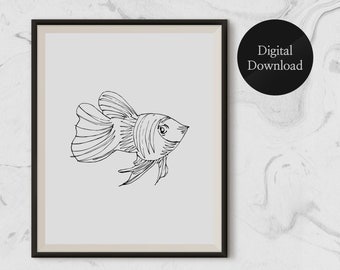 Impresión en blanco y negro, cartel de pescado, arte de la línea de pescado, decoración de la pared del pescado, arte minimalista moderno, impresión de dibujo de línea, arte de pared imprimible único