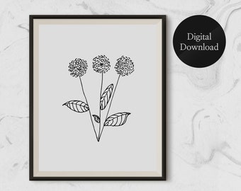 Flower Print, Botanical Print, Black and White, Line Drawing Print, Modern Wall Art, Printable Line Art, Wildflower Print, Wildflower Art