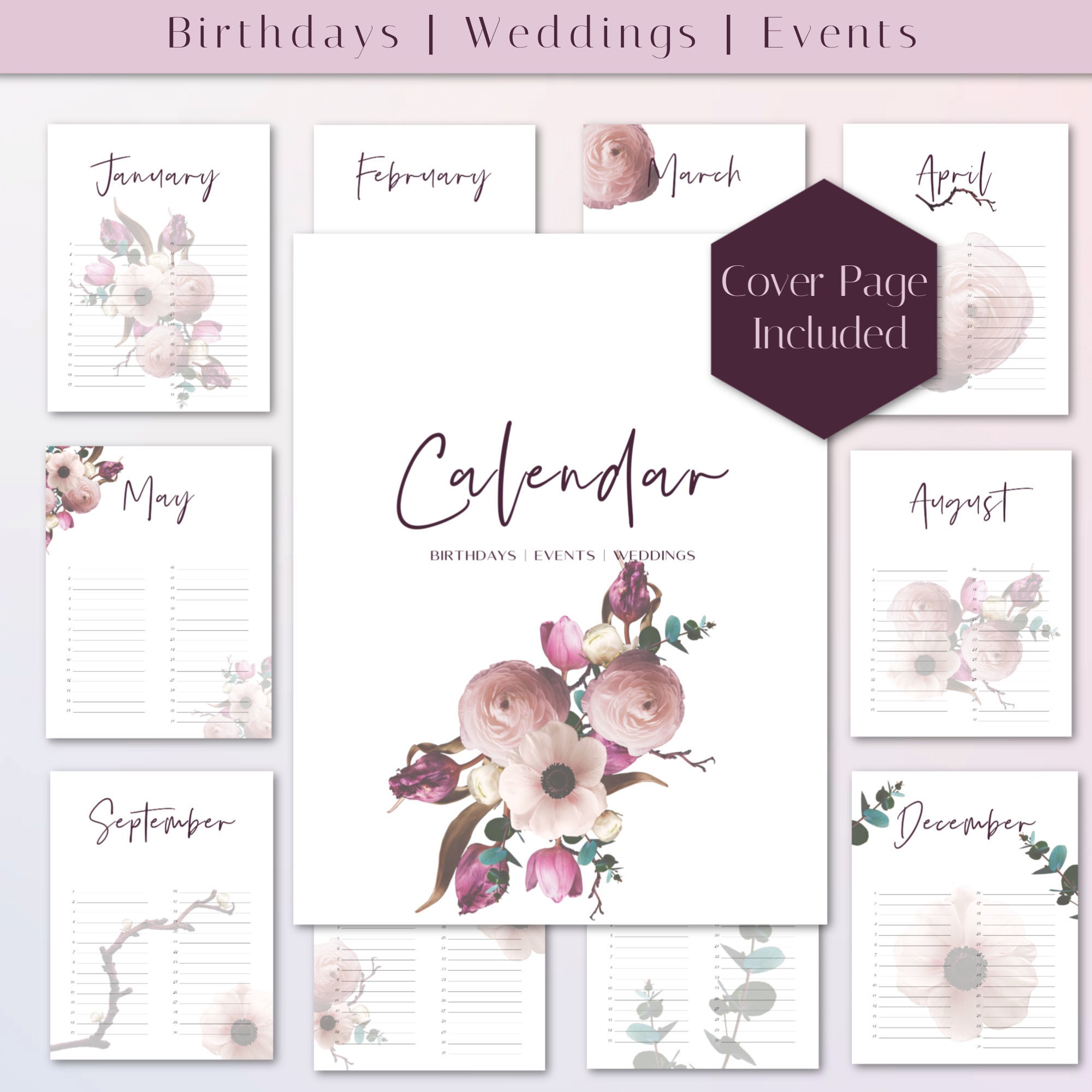 PRINTABLE Calendar, Printable Pink Floral Calendar, Flower Design, Wall ...
