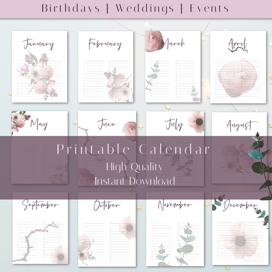 PRINTABLE Calendar, Printable Pink Floral Calendar, Flower Design, Wall ...