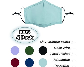 4/PACK Kids Cotton FACE MASK. Breathable, reusable, adjustable, nose wire & filter pocket mask. Black-Burgundy-Khaki-Blue-Purple-Navy