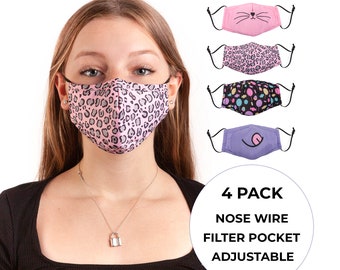 4/BUNDLE Mask - Kids Cat Collection Masks With Filter Pocket - Reusable - Adjustable - Face Mask - Kids Gift Ideas