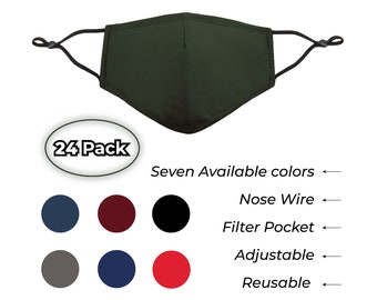 24/PACK Adult FACE MASK. Breathable, reusable, adjustable, nose wire & filter pocket mask. Black-Blue-Burgundy-Grey-Khaki-Navy-Red
