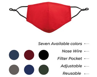 Adult Cotton Face Mask. Breathable, Reusable, Adjustable, Nose Wire & Filter Pocket Mask. Black-Blue-Burgundy-Grey-Khaki-Navy-Red