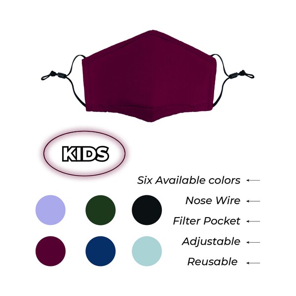 KIDS Cotton FACE MASK. Breathable, reusable, adjustable, nose wire & filter pocket mask. Black-Burgundy-Khaki-Light Blue- Purple-Navy