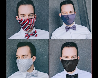 2/PACK Matching Bow Tie and FaceMask - Nose Wire - Filter Pocket - Reusable - Adjustable - Cotton Mask - Adults and Teens | Gift For Men