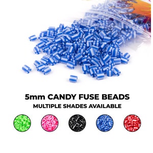 May include: A bag of 5mm blue and white striped candy fuse beads. Multiple shades available: green, pink, black, blue, and red.