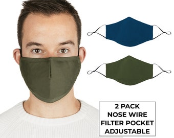 2/PACK Navy and Khaki Face Mask - Adults Mask Good For Wedding, With Filter Pocket - Reusable - Adjustable - Cotton FaceMask