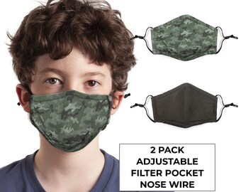 2/PACK Army Camo Kids Cotton Face Mask With Filter Pocket - Reusable - Adjustable - Face Mask | Tested and Certified | Kids Gift