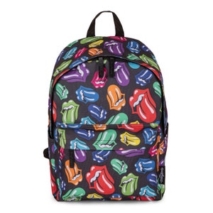 May include: Black backpack with a repeating pattern of colorful tongue and lips logos. The backpack has a front pocket, two zippered compartments, and a top handle. The Rolling Stones logo is visible on the side.