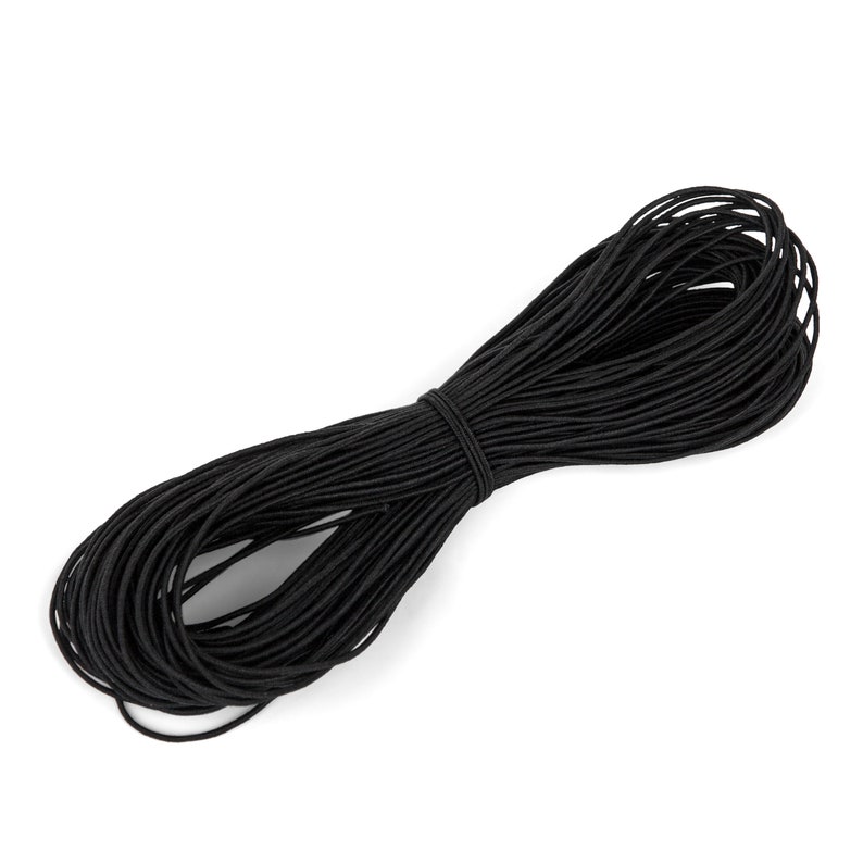 May include: A spool of black elastic cord, tightly wound and secured with a smaller piece of the same material. The cord is a solid black color and appears to be made of a flexible material. The background is plain white.
