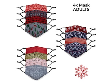 4/PACK Face Mask, Adults Holiday Winter Face Cover, Adjustable, Reusable, Nose Wire With Filter Pocket - Cotton Mask, Gift Ideas