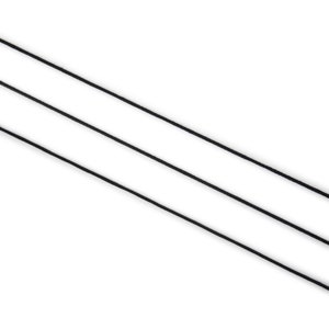 May include: Three thin, black cords are diagonally arranged against a white background. The cords appear to be made of a smooth, possibly synthetic material. The image is a simple, minimalist composition.