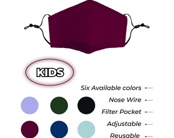 KIDS Cotton FACE MASK. Breathable, reusable, adjustable, nose wire & filter pocket mask. Black-Burgundy-Khaki-Light Blue-Light Purple-Navy