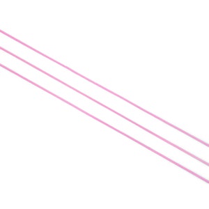 May include: Three pink plastic straws on a white background.