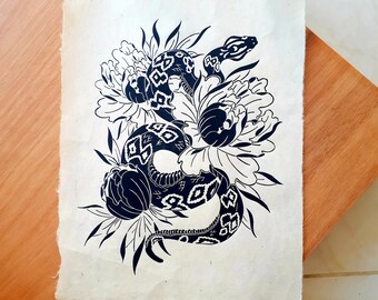 Linogravure, original, fait-main, pivoine, serpent, fleur, floral, mural, décoration, tatouage, japonais, japon, linocut, linoprint, snake