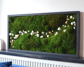 NEW! Golden Stone Moss Wall Art | Preserved Moss Artwork | Gold Accent Wall Decor | White Stone Valley Art | Luxury Botanical Frame