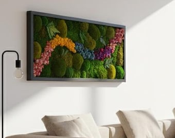 Christmas Gift: Summer Edition. LED art. Moss art + led Modern wall art. Real Moss. Moss frame. Chartreuse green Moss Wall .Botanical Art.