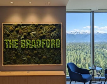 NEW! Your logo in moss. Preserved Real Moss. Moss frame. Chartreuse green Moss Wall .Botanical Art.