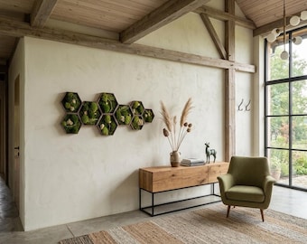 Hexagon Moss Wall Art | Honeycomb Moss Art | Preserved Moss Panels | Green Wall Decor with Gold Accents | Modern Modular Botanical Art