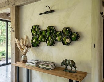 NEW! Hexagon Moss Wall Art | Honeycomb Moss Art | Preserved Moss Panels | Green Wall Decor with Gold Accents | Modern Modular Botanical Art