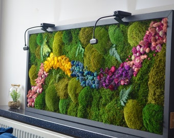 May include: A framed moss wall art piece with a black frame. The moss is green and there are dried flowers in shades of pink, purple, yellow, and blue.